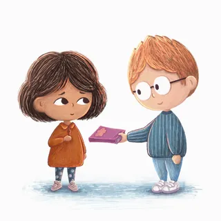 Boy with glasses handing a purple book to a girl
