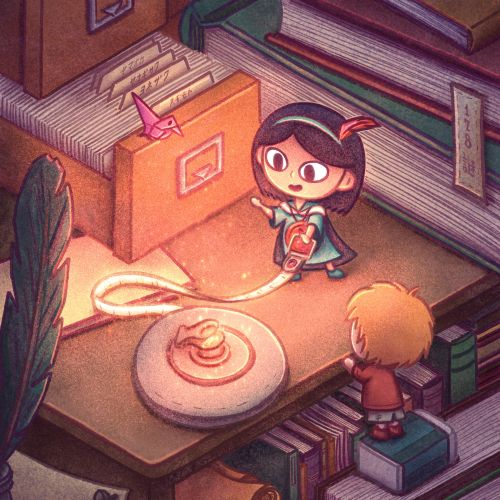 Children exploring magical glowing scroll on desk in cozy library