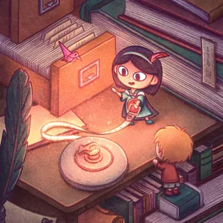 Children exploring magical glowing scroll on desk in cozy library