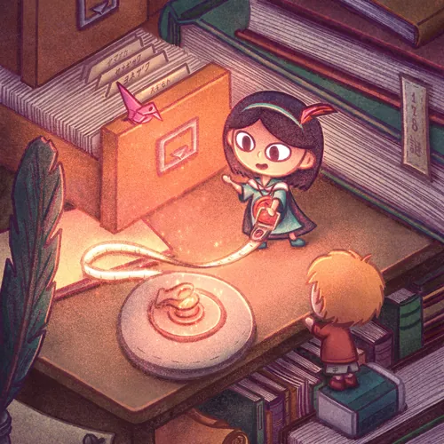 Children exploring magical glowing scroll on desk in cozy library
