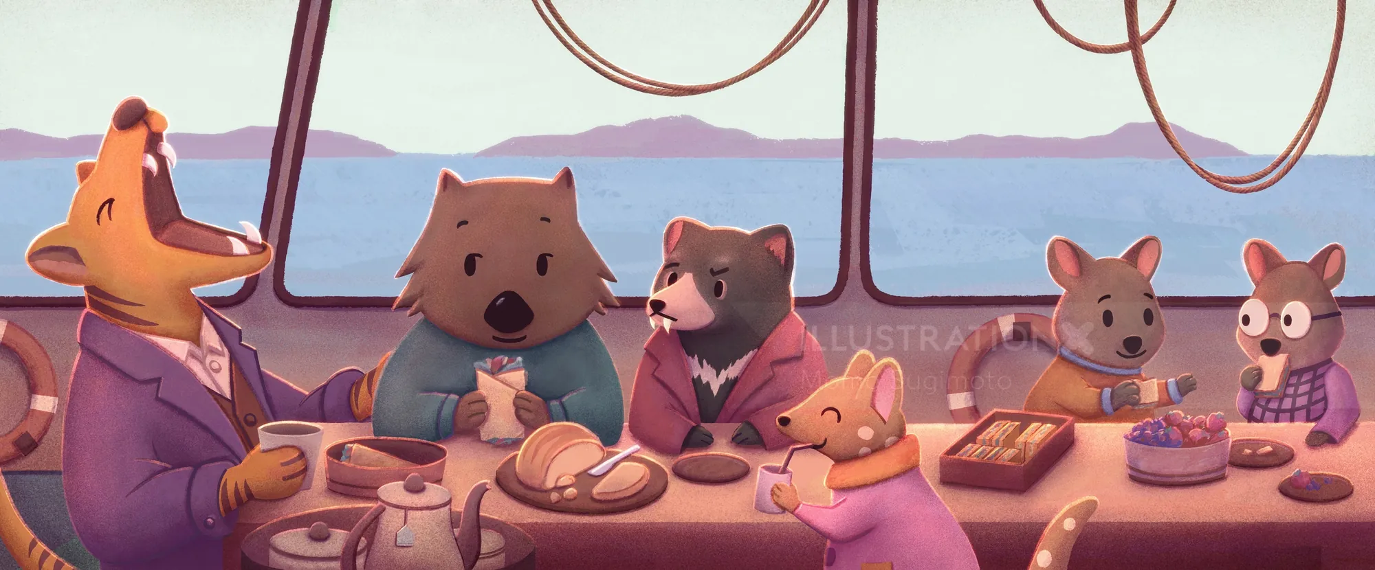 Mural of Tasmanian animals dining together by Momo Sugimoto