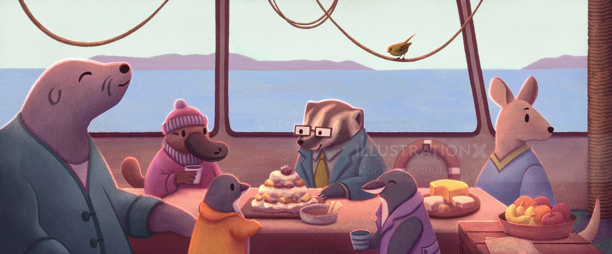 Mural of Tasmanian animals dining inside a bus by Momo Sugimoto