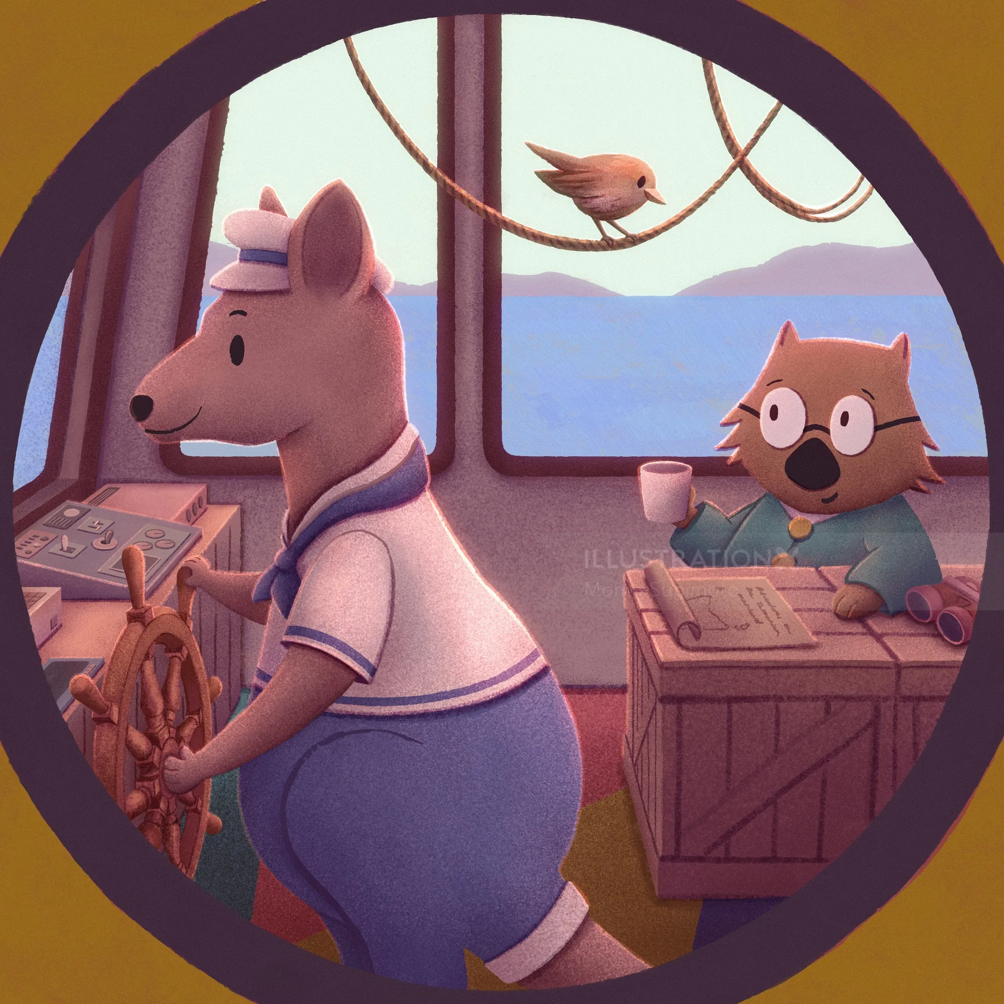 Anthropomorphic Tasmanian animals in ship cabin mural by Momo Sugimoto