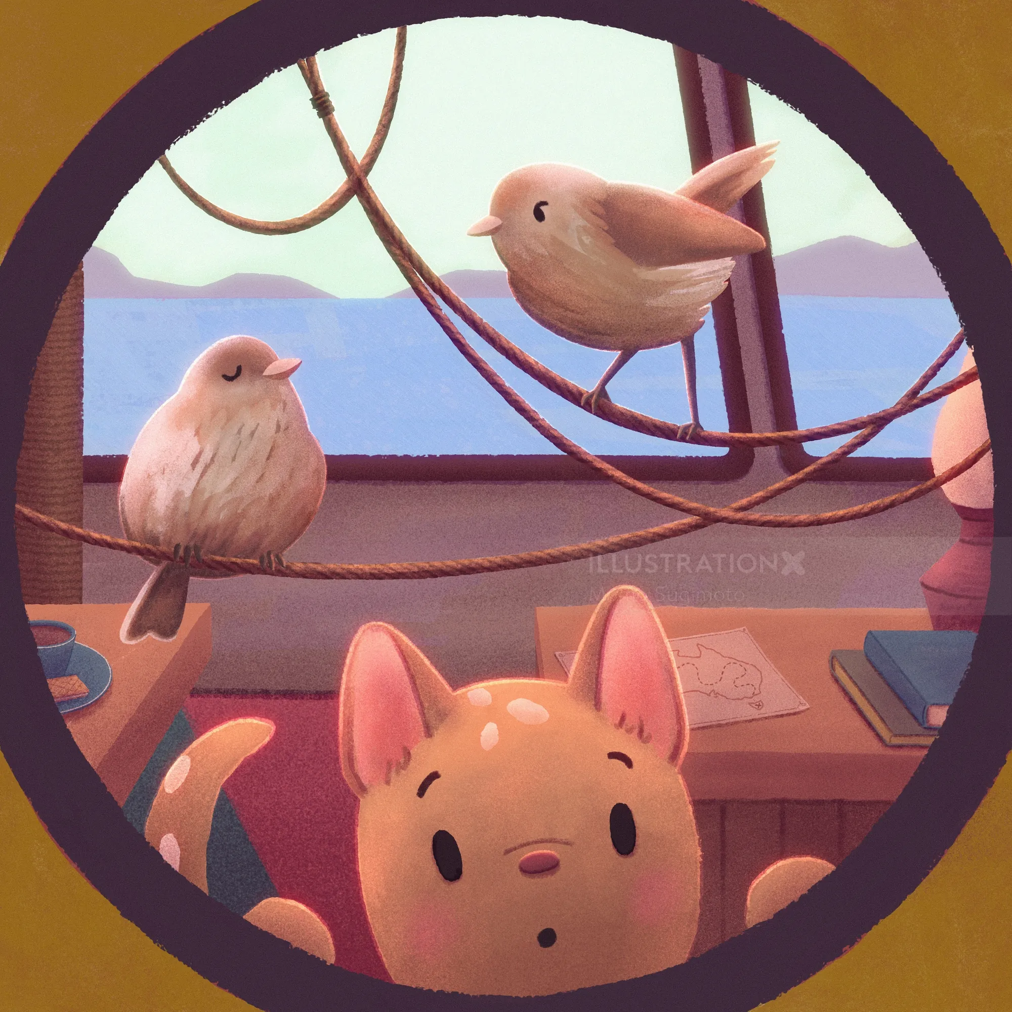 Illustration of a dog and birds on a mural by Momo Sugimoto
