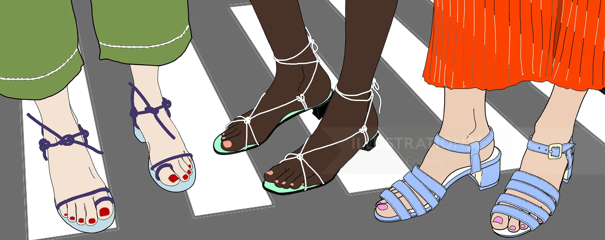 夏のサンダルを履いた女性のファッションイラスト