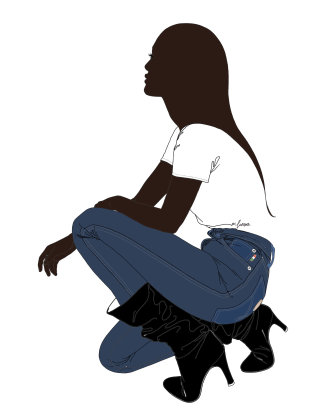 Mulher em jeans vintage Moschino com ilustração feita a lápis
