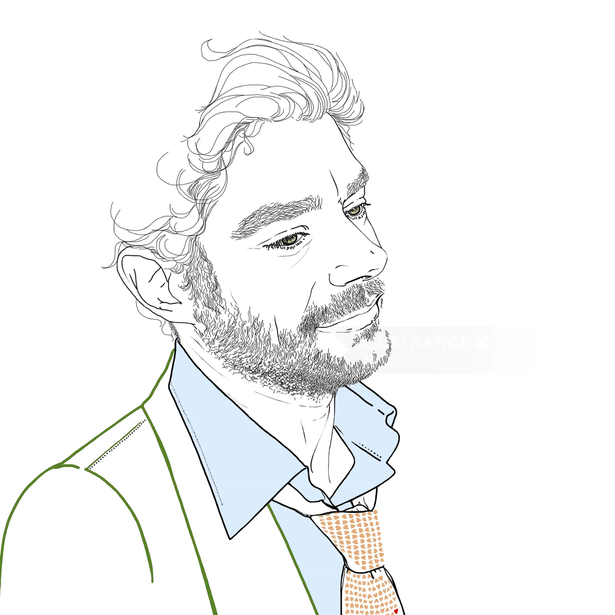Line drawing of a bearded man in shirt and tie by Montana Forbes