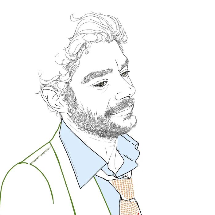 Line drawing of a bearded man in shirt and tie by Montana Forbes