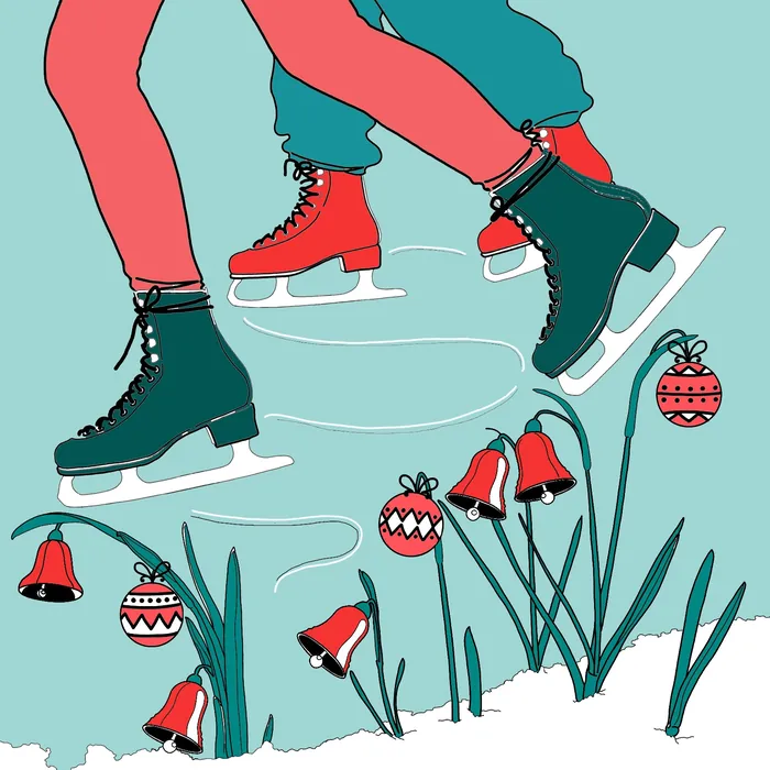 Ice skaters gliding over decorated ice with bells and baubles by Montana Forbes