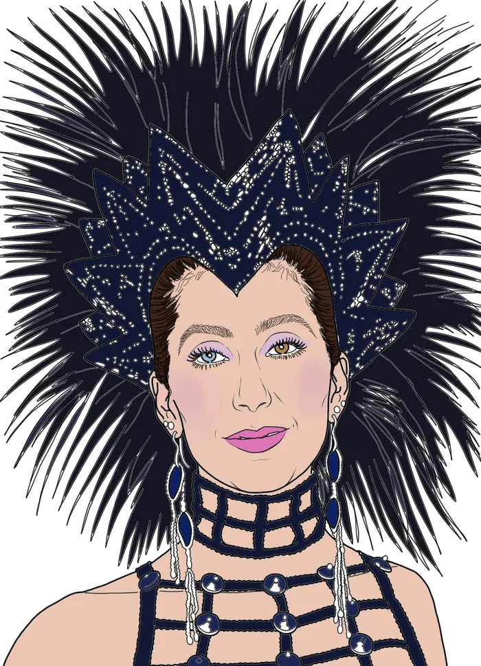 Cher wearing elaborate black feathered headdress and jewelry, illustration by Montana Forbes