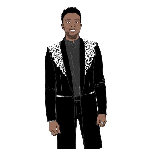 Fashion illustration of Chadwick Boseman at the 2018 Oscars by Montana Forbes