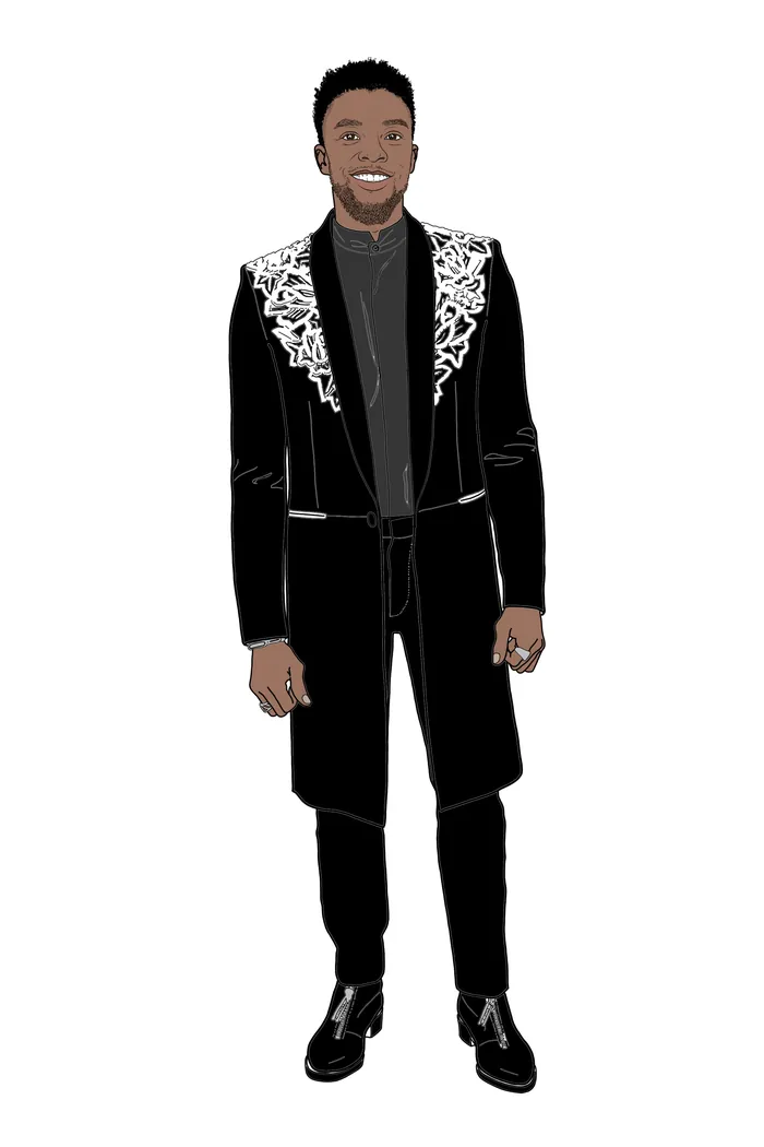Fashion illustration of Chadwick Boseman at the 2018 Oscars by Montana Forbes
