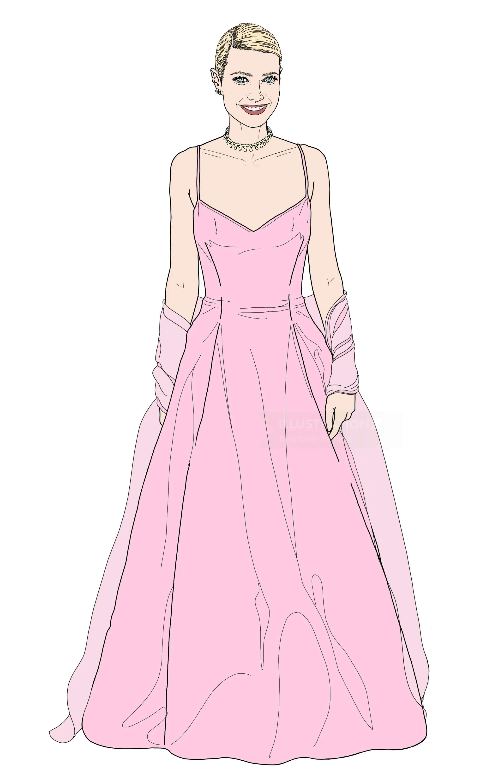 Illustration von Gwyneth Paltrow in einem pinkfarbenen Kleid bei den Oscars 1999 von Montana Forbes