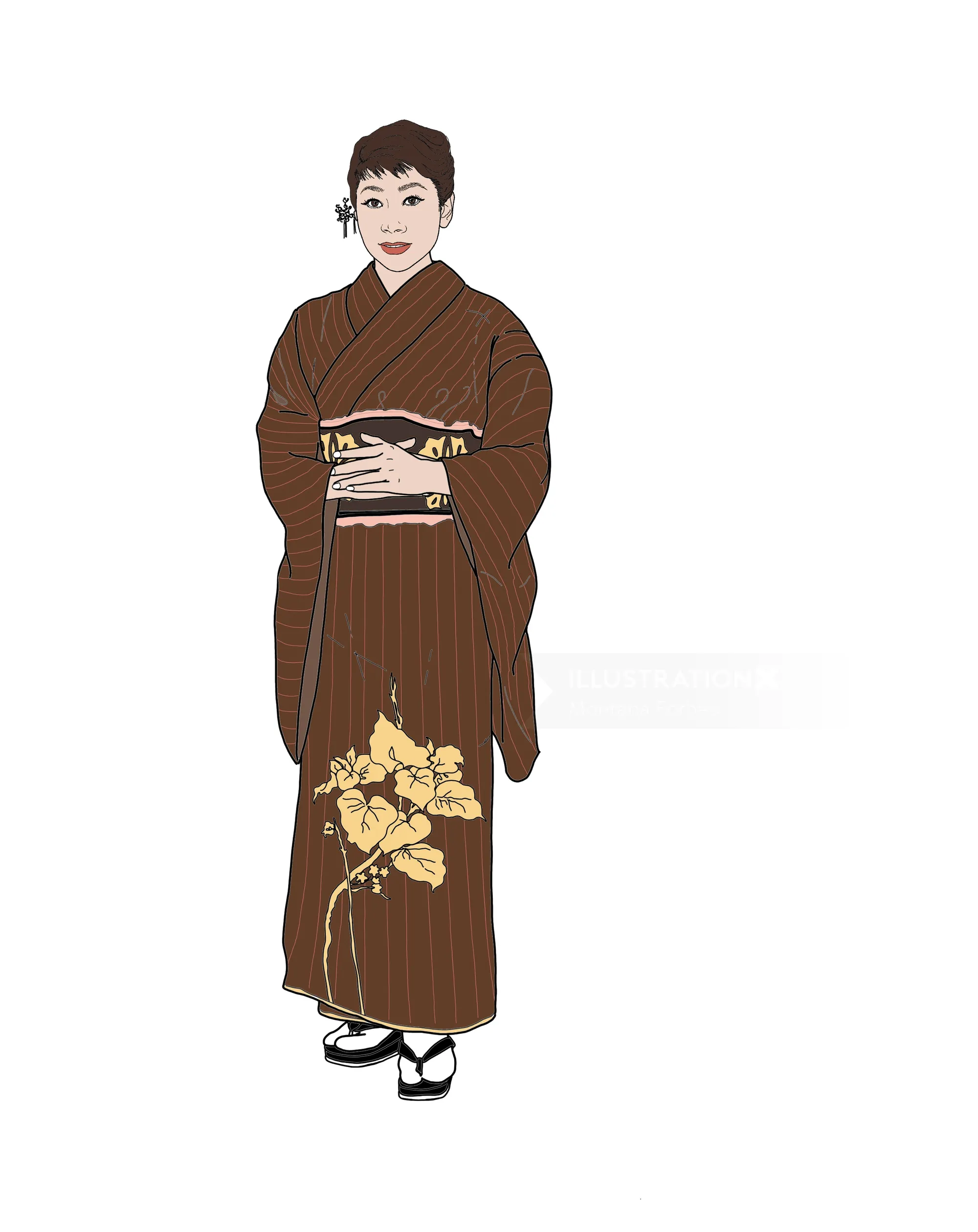 Ilustração de Miyoshi Umeki em um quimono floral marrom por Montana Forbes