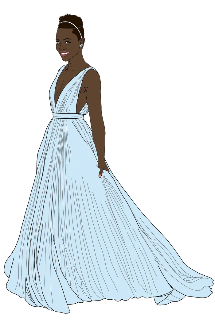 Illustration of Lupita Nyong'o in light blue gown by Montana Forbes