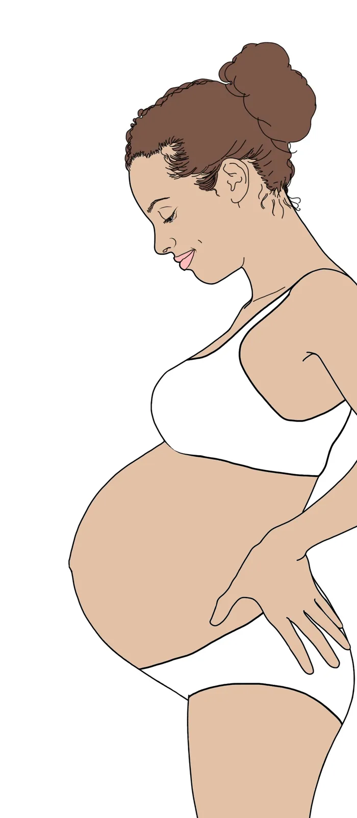 Pregnant woman in white underwear holding her belly, side view