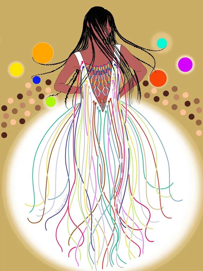 Ethereal woman with long flowing braids and colorful orbs