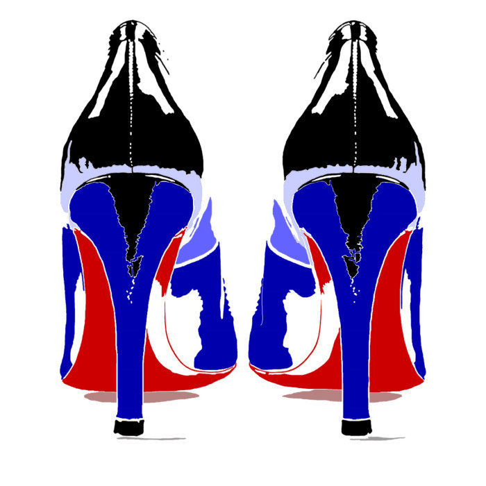 High heeled black blue and red shoes