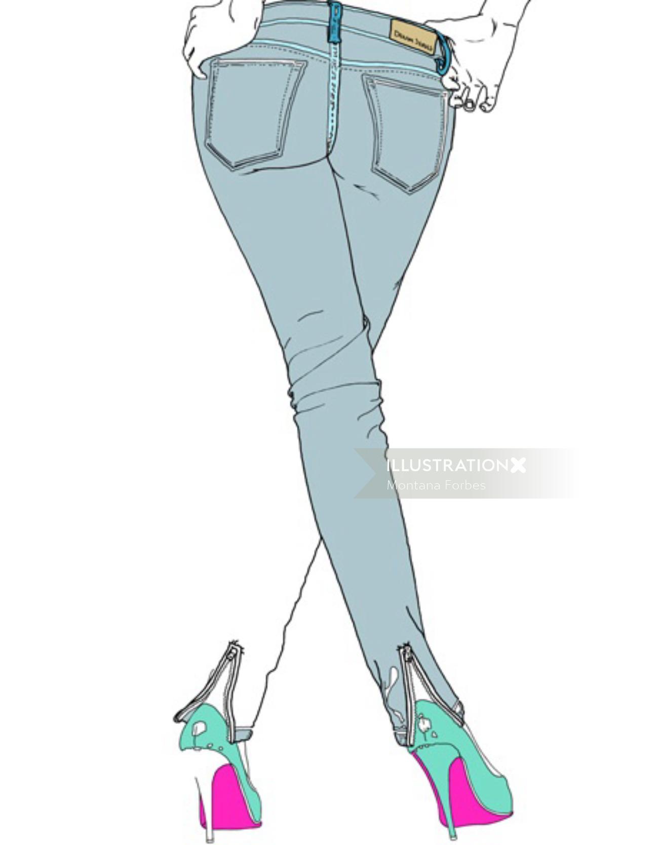 Jeans with high heels - fashion illustration