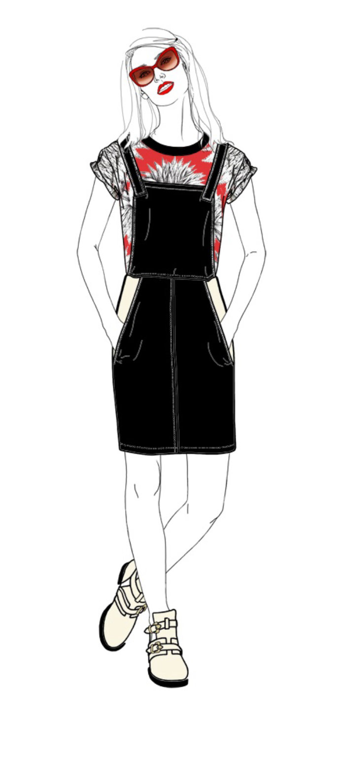 Modèle féminin en illustration de robe noire et rouge par Montana Forbes