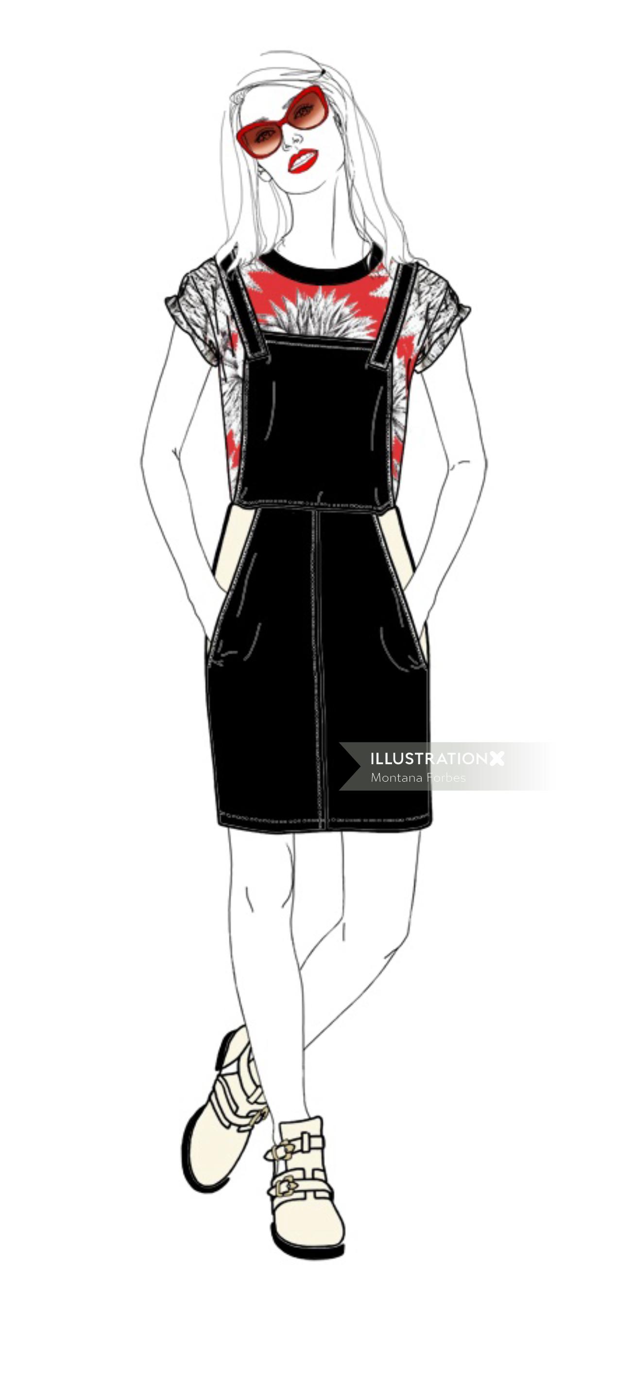 モンタナフォーブスによる黒と赤のドレスのイラストの女性モデル