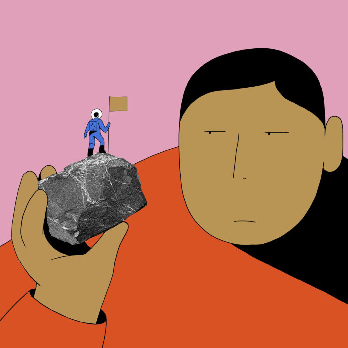 2D illustration of man and stone