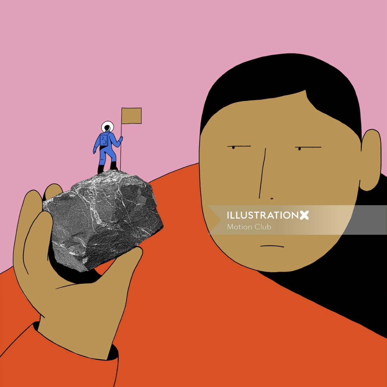 2D illustration of man and stone