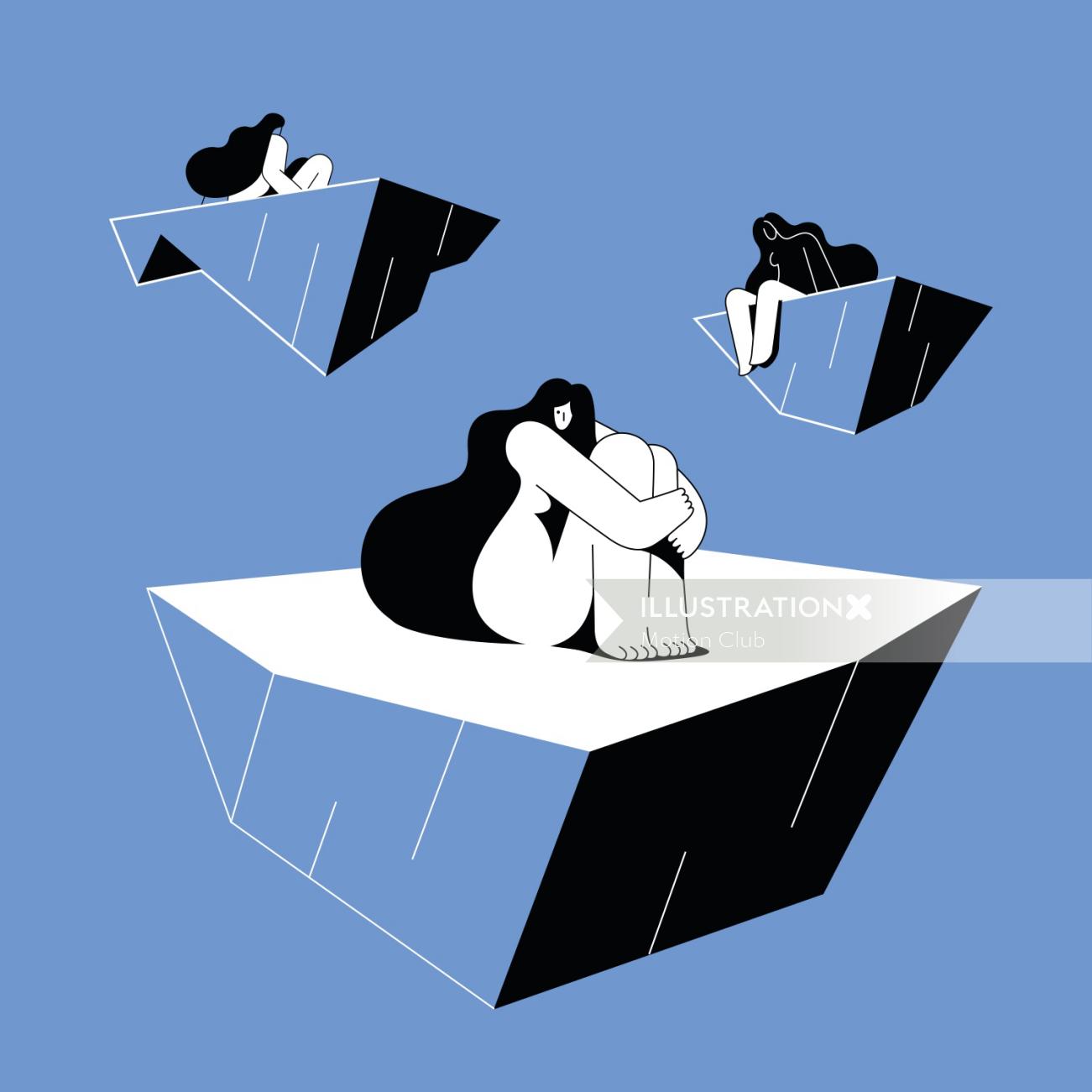 Graphic illustration of woman sitting in sad mood