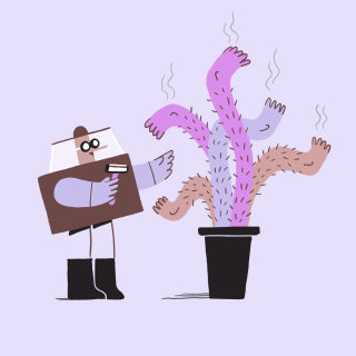 Diseño de personajes de un hombre pelando una planta de cactus.
