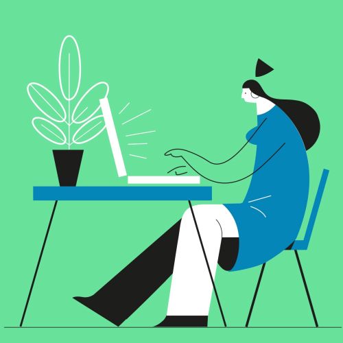 Graphic illustration of woman working on laptop