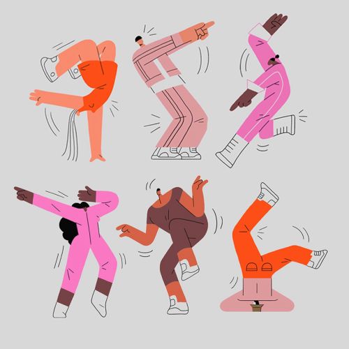 Vector art of six dynamic dancing characters by Motion Club
