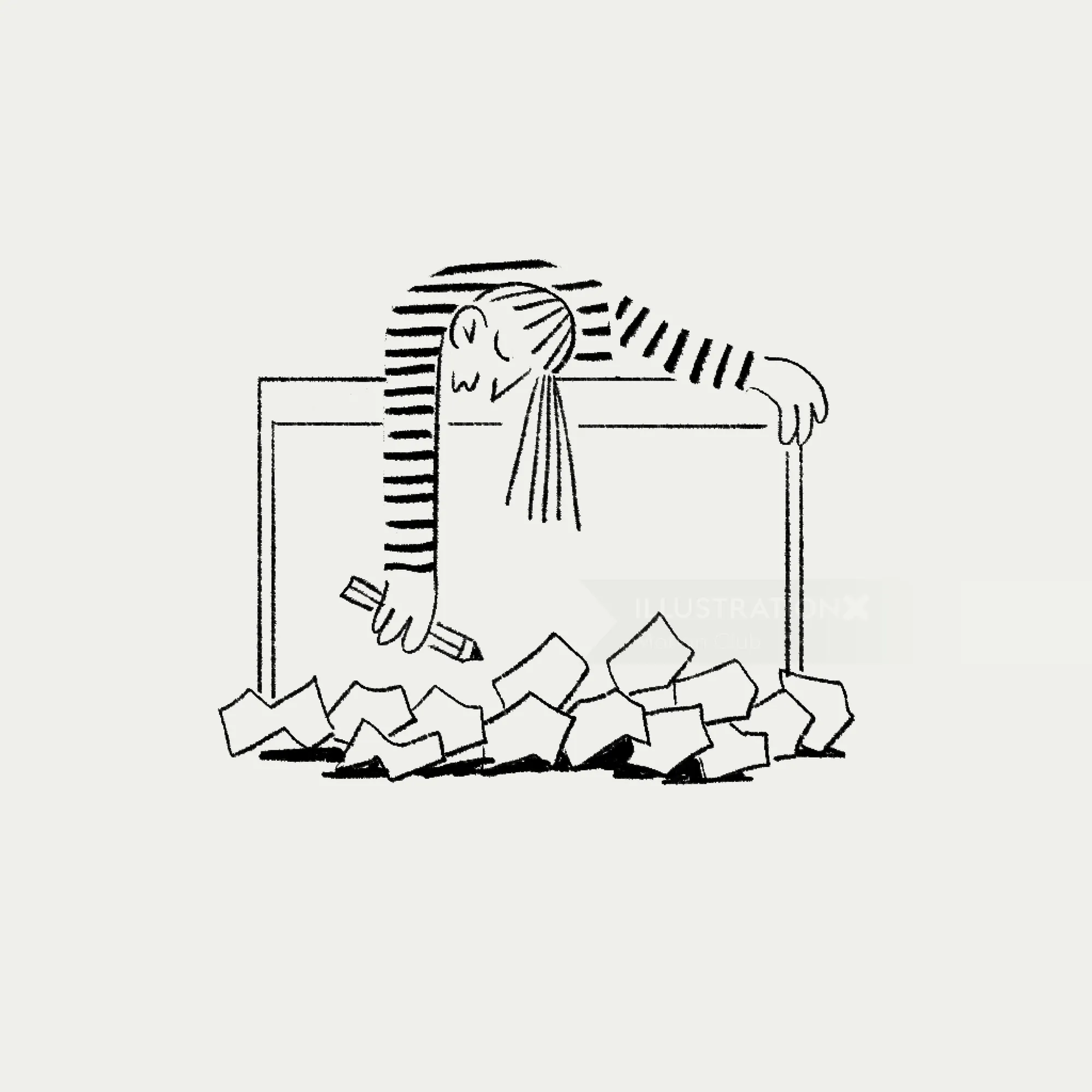 Black and white illustration of person reaching over frame to grab paper by Motion Club