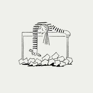 Black and white illustration of person reaching over frame to grab paper by Motion Club