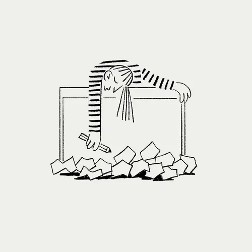 Black and white illustration of person reaching over frame to grab paper by Motion Club