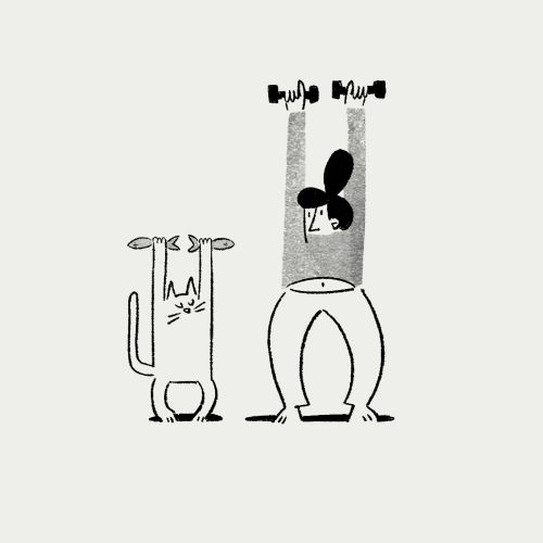 Person and cat lifting dumbbells in black and white by Motion Club