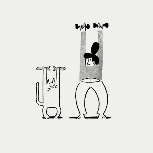 Person and cat lifting dumbbells in black and white by Motion Club