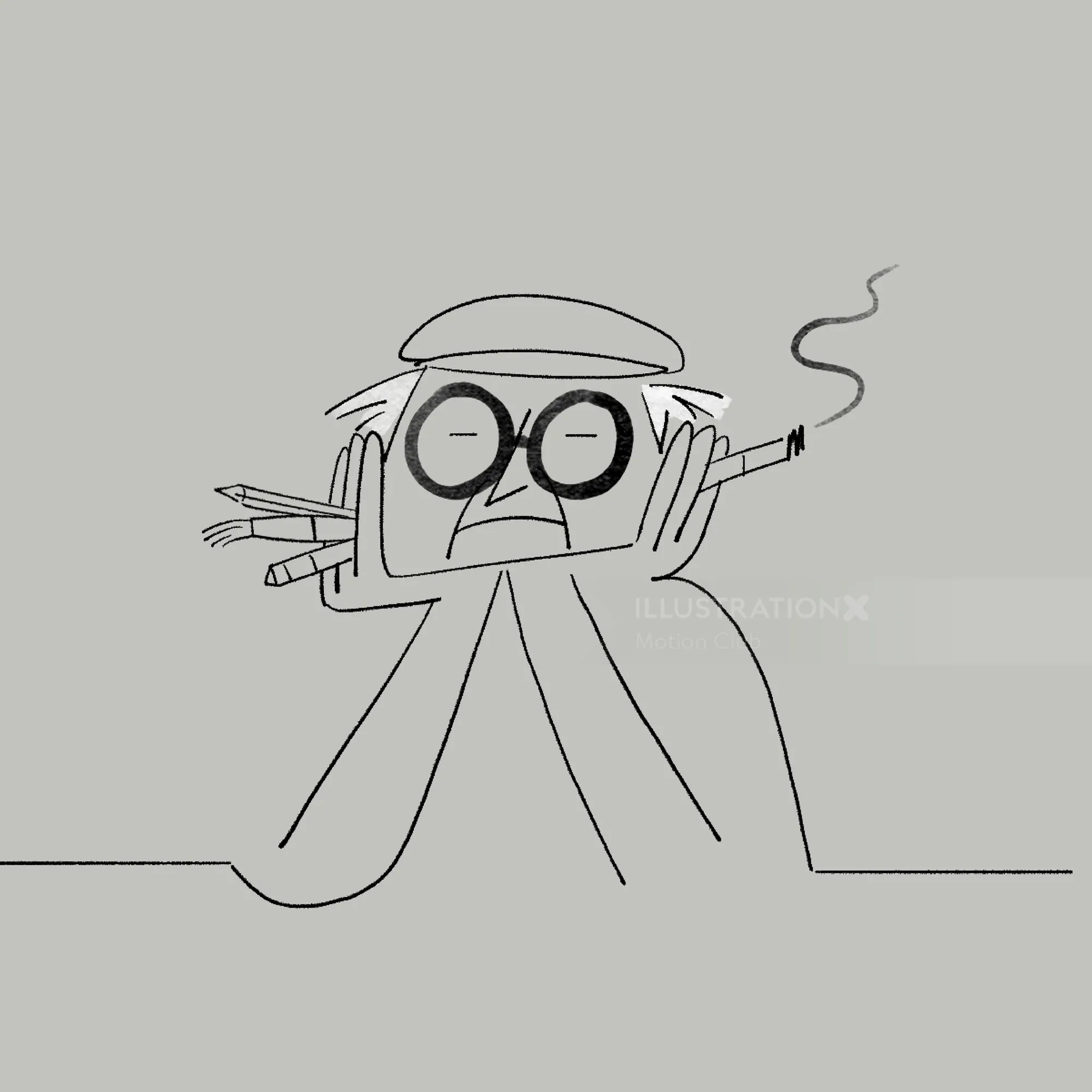 Minimalist drawing of a character with round glasses and cigarette by Motion Club