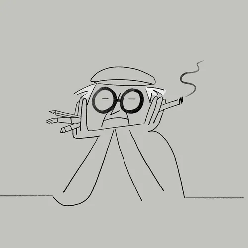 Minimalist drawing of a character with round glasses and cigarette by Motion Club