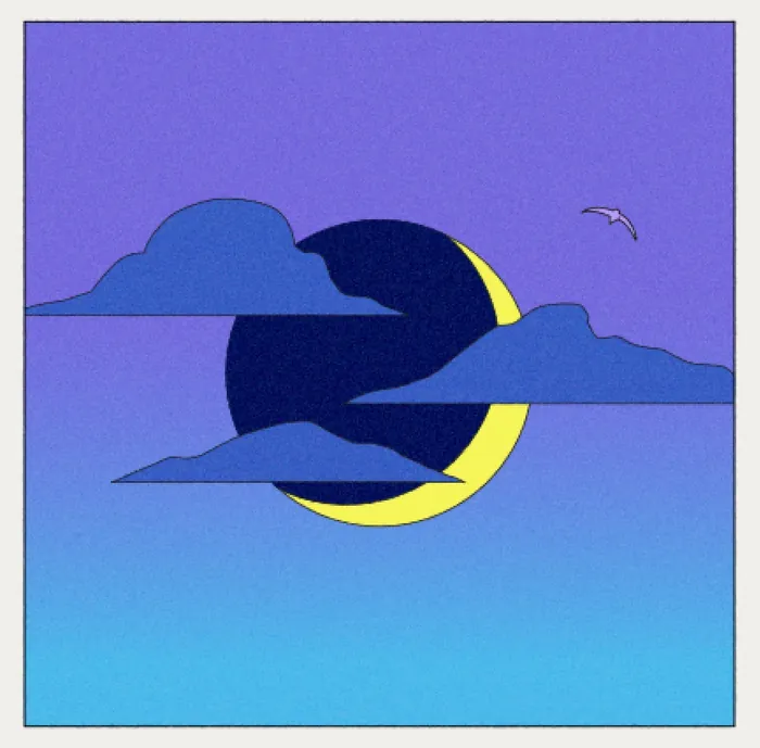 Solar eclipse with clouds and bird in a gradient sky by Motion Club