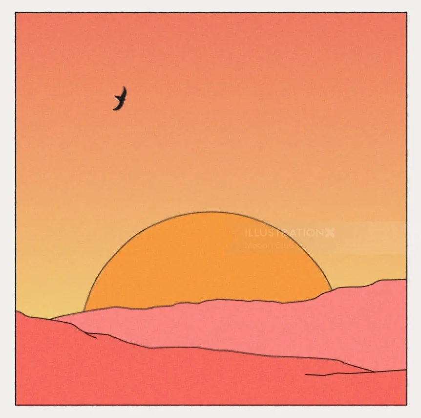 Minimalist sunset with orange sun, pink hills, and a bird flying - Motion Club