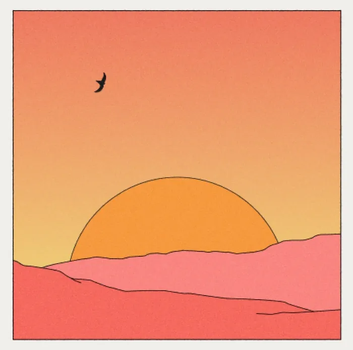Minimalist sunset with orange sun, pink hills, and a bird flying - Motion Club