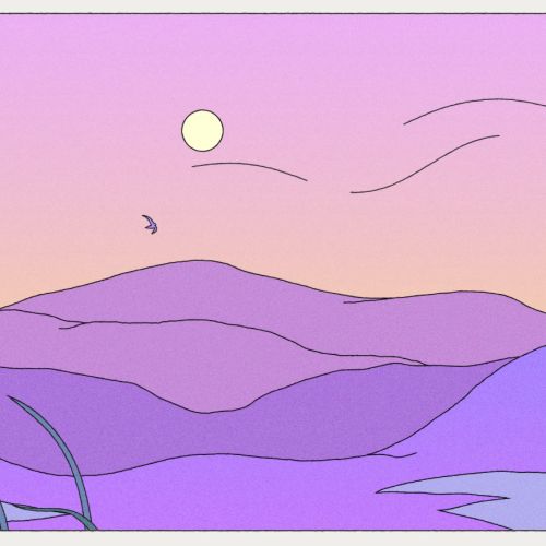 Minimalist purple mountain landscape with sunset, birds, and grass by Motion Club