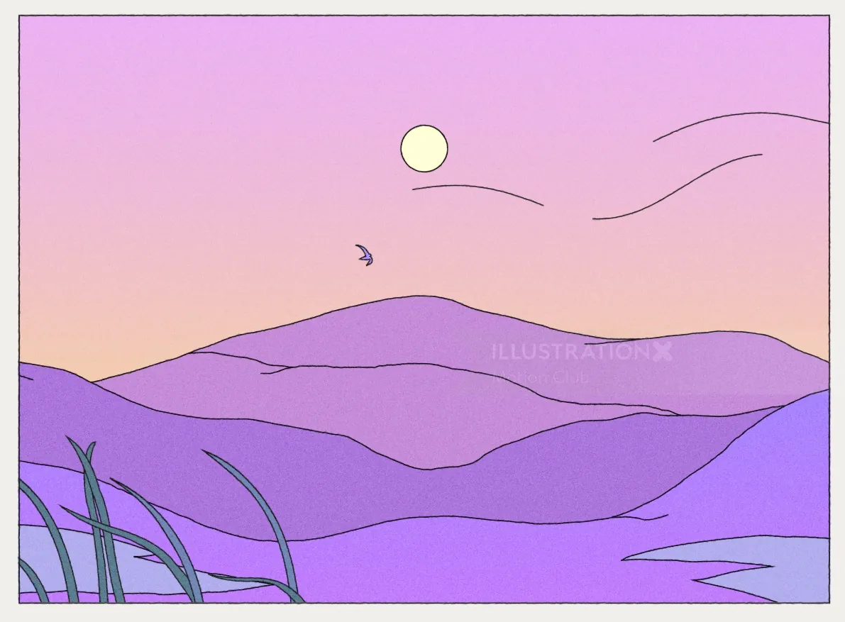 Minimalist purple mountain landscape with sunset, birds, and grass by Motion Club