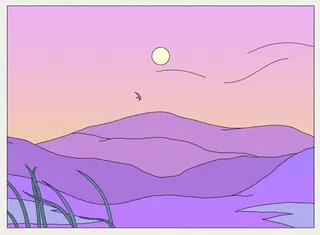 Minimalist purple mountain landscape with sunset, birds, and grass by Motion Club