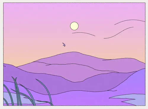 Minimalist purple mountain landscape with sunset, birds, and grass by Motion Club