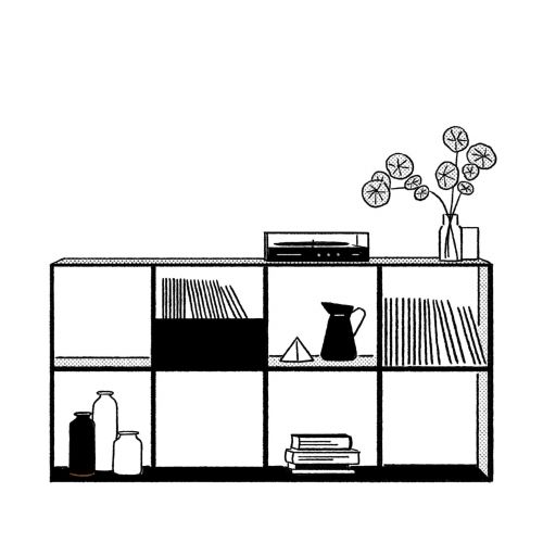 Shelf with books, pitchers, decorative vase, and a folded paper boat illustration