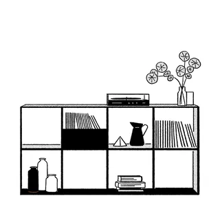 Shelf with books, pitchers, decorative vase, and a folded paper boat illustration