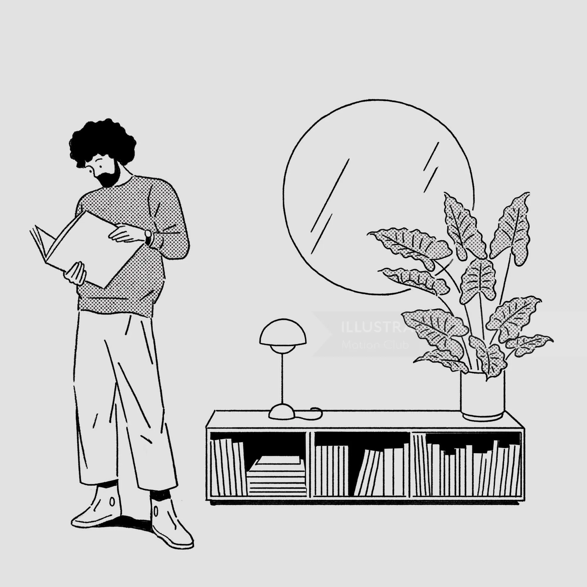 Man reading a book near bookshelf with plant and round mirror