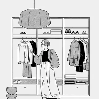 Woman choosing clothes in a neat wardrobe with hanging garments