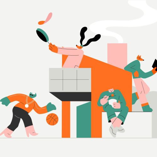 Three stylized figures with basketball and book by abstract structure